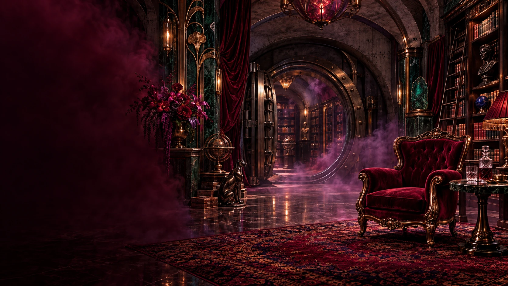 An imagined luxury bunker: a crimson chair, malachite columns and a library beyond a circular vault door