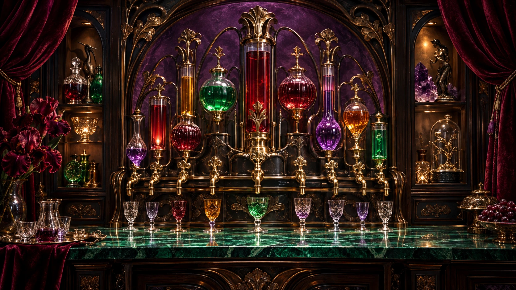 An imaginative illustration of the mouth organ of liqueurs in Huysmans’s Against Nature: glowing reservoirs, brass taps and crystal glasses