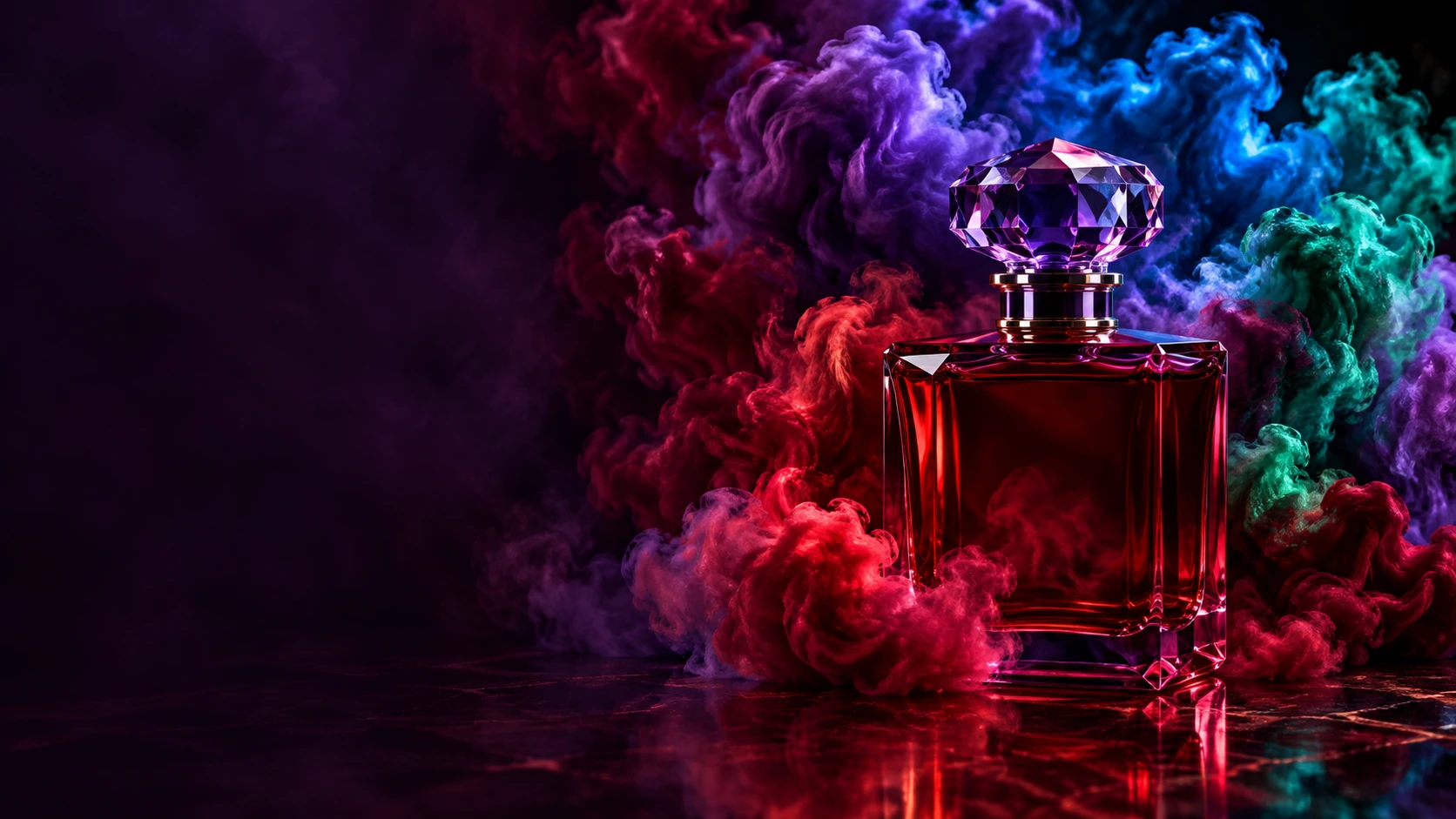 Ruby perfume glass releasing a cloud of amethyst, crimson and sapphire colour